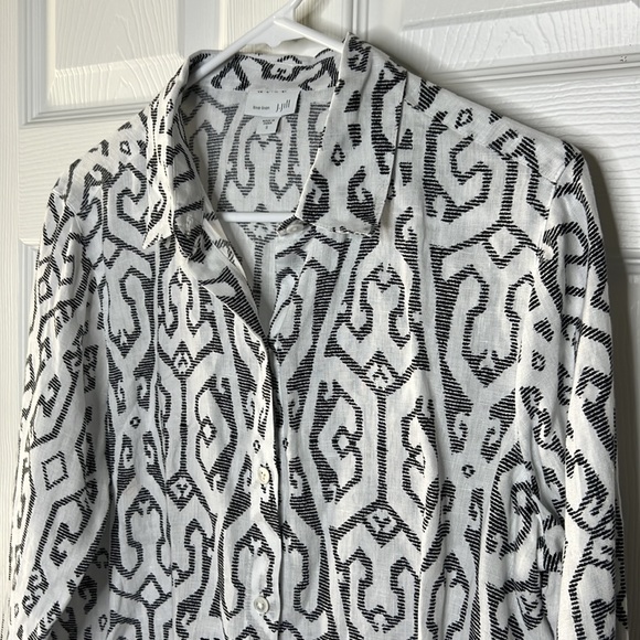 J Jill Love Linen Button Down Top White and Black Long Sleeve Size Small - Picture 2 of 7